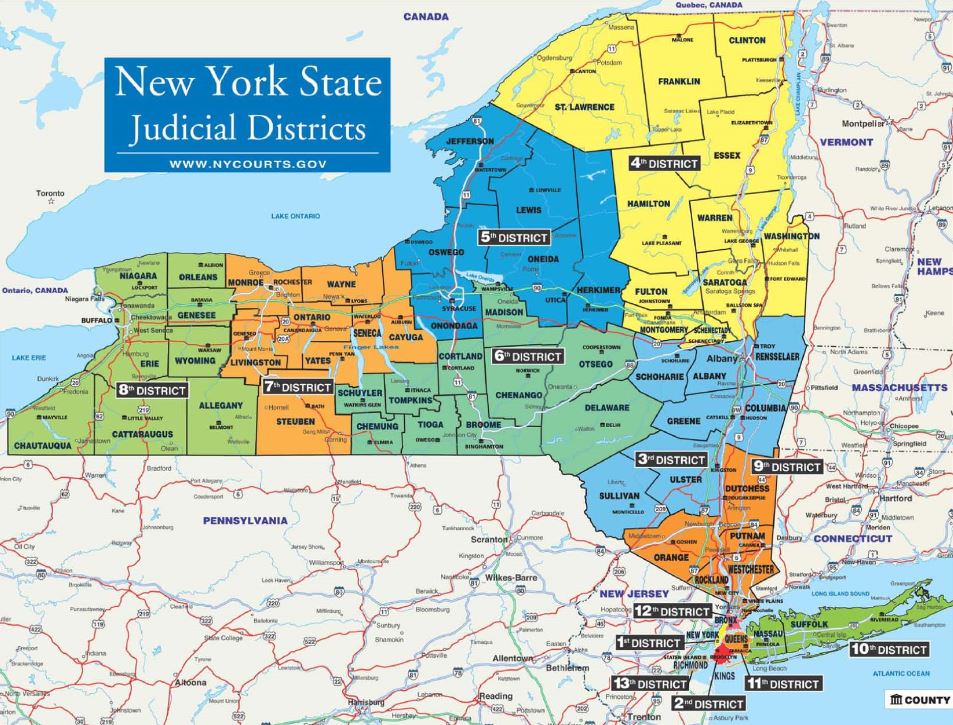Color coded map of New York State featuring a breakdown of judicial departments and districts. The colors included are blue, yellow, orange and green. 