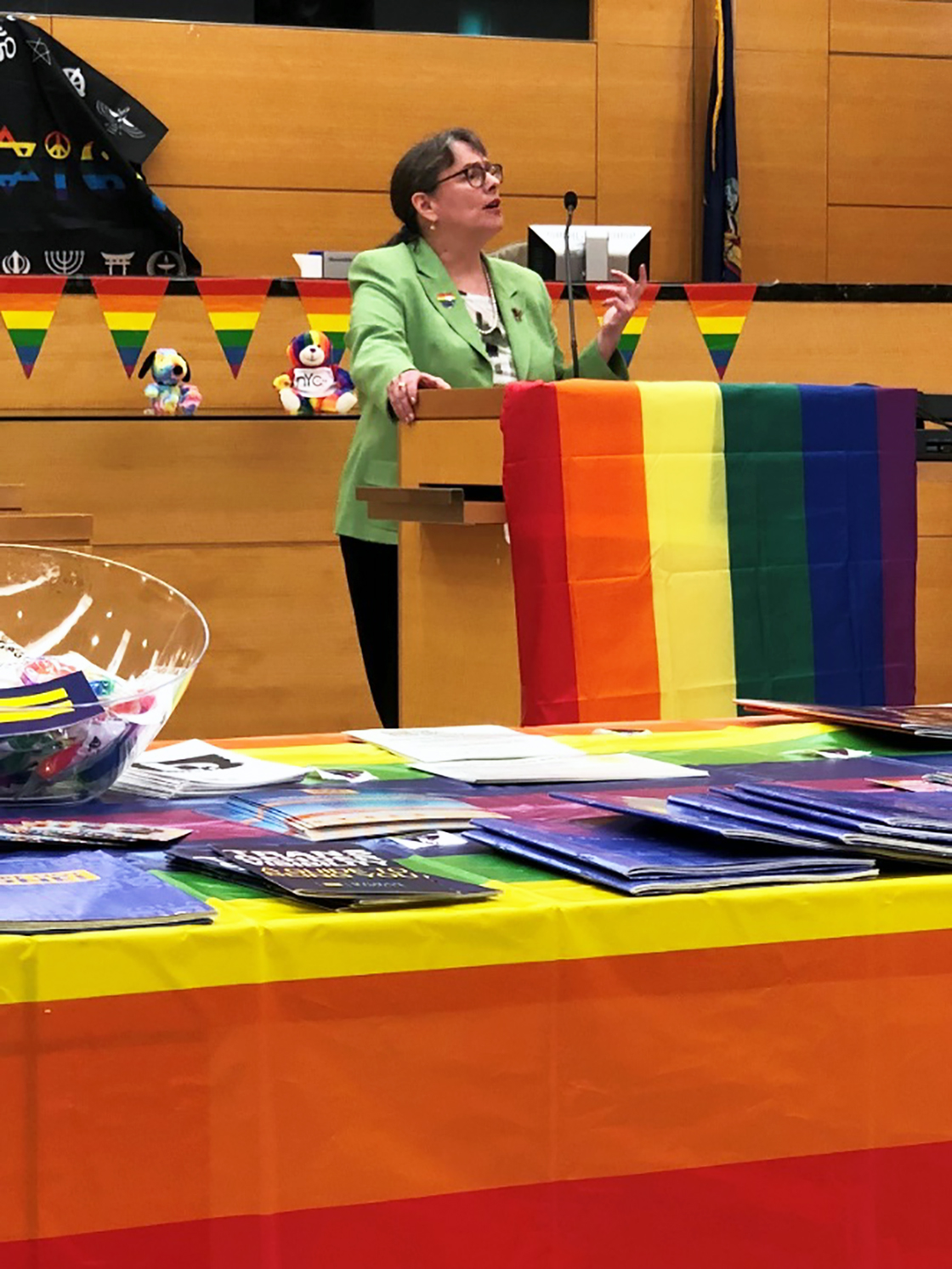 Failla Commission Member Judge Karen Lupuloff speaks at the New York City Family Court Pride event in Brooklyn (June 12, 2018)