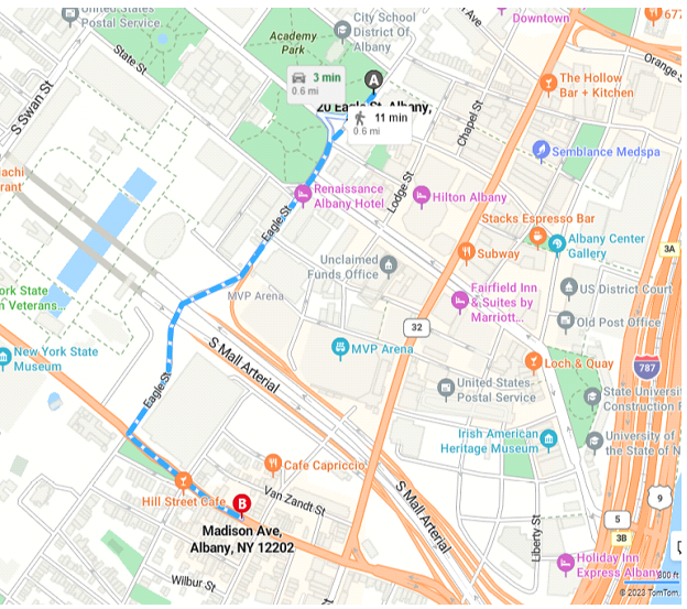Map showing the walking route from the Madison Avenue visitor parking lot to Court of Appeals Hall