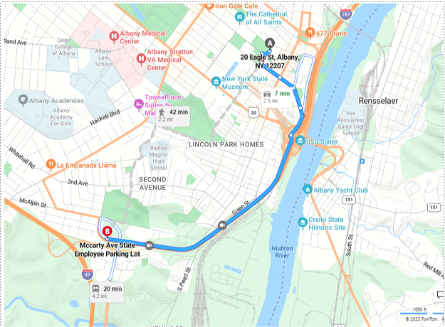 Map showing the route from the McCarty Avenue bus parking lot to Court of Appeals Hall