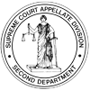 Appellate Division Second Department seal. Lady Justice holding a pair of scales of true balance on her right and leaning upon a sword on her left.