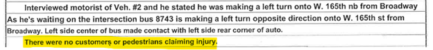 Supervisor's
accident/investigation report, stating as highlighted: "There were no customers or
pedestrians claiming injury."