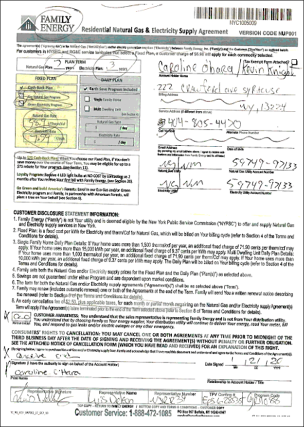 Signature page of executed 'Residential Natural Gas & Electricity Supply Agreement'