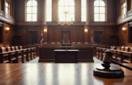 Courtroom interior with wooden benches, judge’s bench, and gavel in a formal, well-lit legal setting