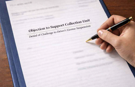 A photo of a document on a desk with Objection to Support Collection Unit Denial of Driver's License Suspension in focus. There is a hand holding a pen over the document. There is a pen holder with pens on the edge of the desk and part of a closed laptop visible in the image 