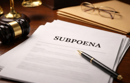 A photo of papers with a pen sitting on the top page. The top page is titled subpoena. There are a gavel and the bottom part of the scales of justice to the left of the documents and file folders with a pair of glasses sitting on top behind it.