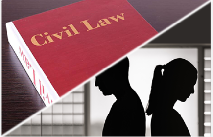 Graphic of a Civil Law Book and a couple in silhouette, standing back to back, dejected.