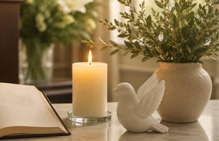 Photo of a memorial setting with registry book, dove sculpture, flowers and remembrance candle.
