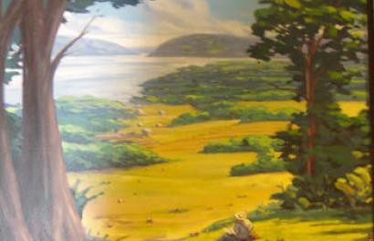 Painting of a sunny field with flowers and trees