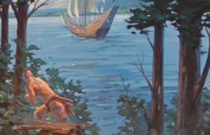 Early settlers boat on Hudson River painting