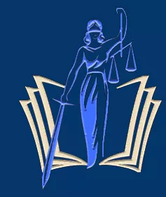Stylized image of Lady Justice, wearing a blindfold and holding scales in one hand and a sword in the other, in front of an open book