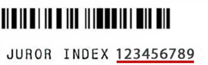 Juror index number underlined in red beneath bar code on juror questionnaire or summons