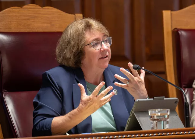 Presiding Justice of the Appellate Division, Third Department Hon. Elizabeth A. Garry questions a presenter during the Chief Judge's Civil Legal Services Hearing in Albany on Monday, September 16th.