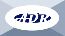 The letters ADR within a blue oval within a white oval on a blue background that is broken into 4 triangles facing inwards towards the letters.