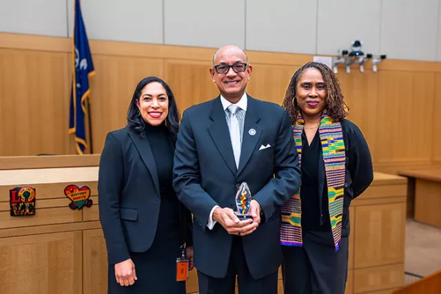 Photo (L-R): Westchester County Supreme Court Justice Keri Fiore, honoree First Deputy Chief Administrative Judge Norman St. George, and Mount Vernon City Court Judge Tamika A. Coverdale at the Westchester County Court’s Black History Month celebration, hosted by the Ninth Judicial District’s Equal Justice in the Courts Committee 