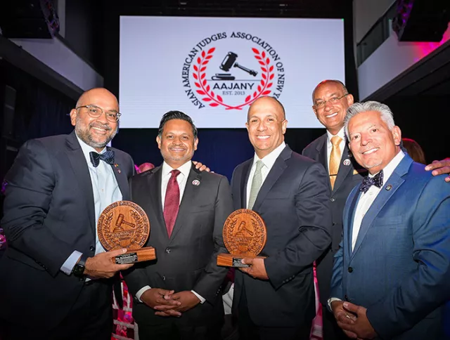 AAJANY honoree New York City Civil Court Administrative Judge Shahabuddeen Ally, Richmond County Criminal Court Supervising Judge and AAJANY President Biju Koshy, AAJANY honoree Appellate Division, Second Department Presiding Justice Hector LaSalle, First Deputy Chief Administrative Judge Norman St. George, and Chief Administrative Judge Joseph Zayas 