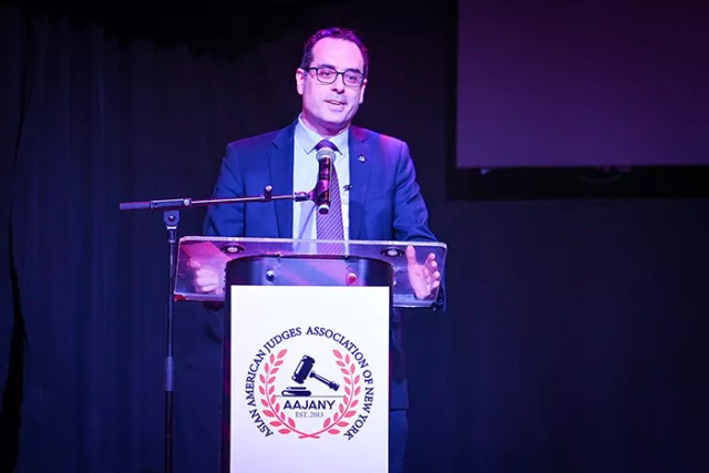 Deputy Chief Administrative Judge for New York City Courts Adam Silvera welcomes AAJANY gala attendees on May 6th 