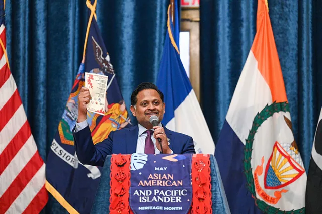 Supervising Judge of Staten Island Criminal Courts Biju Koshy addresses attendees at the Bronx County Courts’ AAPI Heritage Month program 