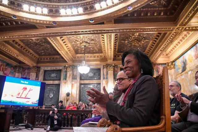 Appellate Division, First Department Presiding Justice Dianne T. Renwick, Chief Judge Rowan D. Wilson, and Deputy Chief Administrative Judge for Justice Initiatives Edwina G. Richardson (seated right to left) were among the many viewers at the powerful reenactment of the historic Amistad legal proceedings, hosted by the Appellate Division, First Department in partnership with the Historical Society of the New York Courts, Metropolitan Black Bar Association, and Judicial Friends Association