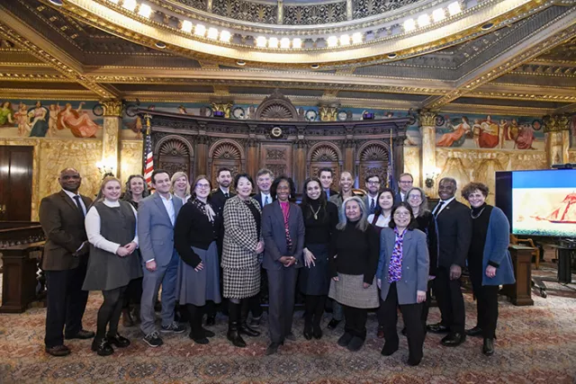 Appellate Division, First Department Presiding Justice Dianne T. Renwick (sixth from left) with the Chins (Kathy Hirata Chin is pictured to Justice Renwick’s left and Judge Denny Chin is pictured behind them) and New York State Supreme Court justices and staff from the First Department who took part in the historical reenactment on February 2nd 