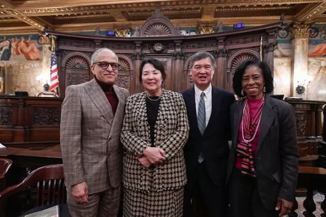 Chief Judge Rowan D. Wilson, Kathy Hirata Chin, Judge Denny Chin, and Appellate Division, First Department Presiding Justice Dianne T. Renwick at “The Amistad: A Historical Reenactment” at the Manhattan courthouse