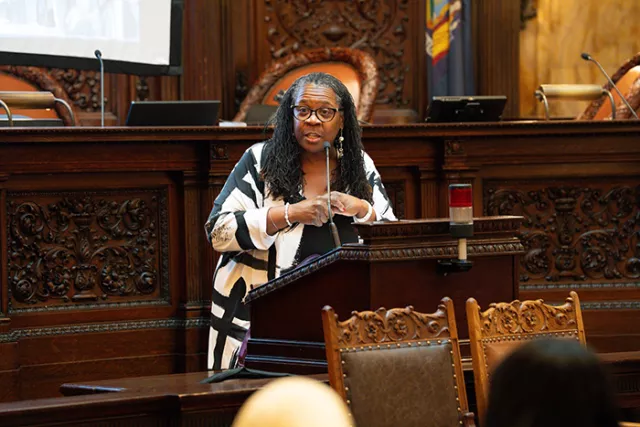 Deputy Chief Administrative Judge for Justice Initiatives Edwina G. Richardson addresses students from 11 New York City high schools at the Appellate Division, First Department’s Law Day celebration, recounting her journey to the bench and inspiring the high schoolers to pursue their own dreams