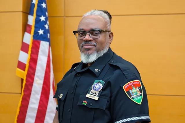 Court Officer Kevin Carter, who championed the new patch’s design and implementation, proudly wears it during Black History Month. 