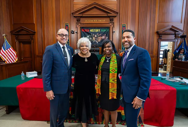 First Deputy Chief Administrative Judge Norman St. George, Bronx County Supreme Court Justice Kim Adair Wilson, Bronx County Supreme Court Justice Patsy Gouldbourne, and CNN Legal Analyst Joey Jackson at the fireside chat in early February, hosted by the Bronx County Courts’ Gender Fairness and Equal Justice in the Courts Committees 