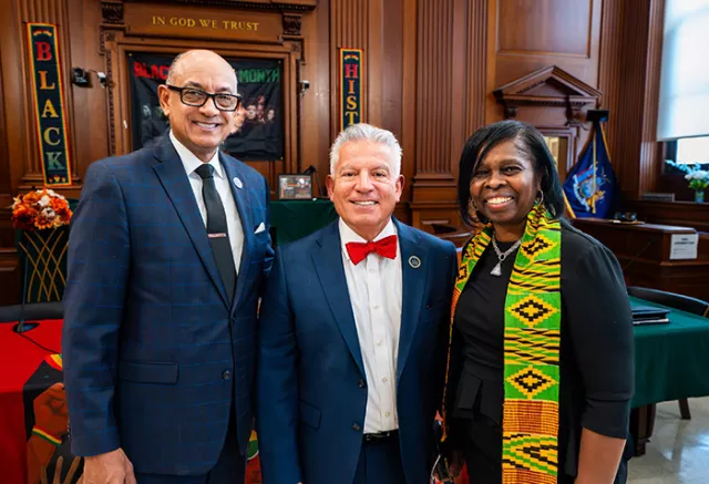 Photo (L-R): First Deputy Chief Administrative Judge Norman St. George, who shared insights gained from his career journey during the fireside chat, is joined at the Bronx courthouse event by Chief Administrative Judge Joseph A. Zayas and Bronx County Supreme Court Justice Patsy Gouldbourne 