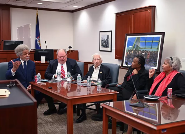 Photo: Panelists at the Court of Claims’ Black History Month program in Lower Manhattan (L-R) Appellate Division, Second Department Associate Justice Paul Wooten, who moderated the discussion, retired State Supreme Court Justices Antonio Brandveen, Lewis Douglass, and L. Priscilla Hall, and former Court of Claims Judge Juanita Bing Newton 