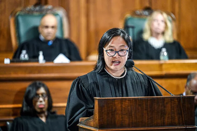 Appellate Division, Second Department Associate Justice Lillian Wan introduces Justice Randall T. Eng during the awards ceremony in Brooklyn 