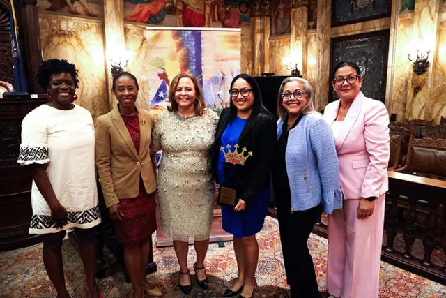 Photo (L-R): Appellate Division, First Department Associate Justice Bahaati Pitt-Burke, Appellate Division, First Department Presiding Justice Dianne T. Renwick, guest speaker New York City Civil Court Judge Betty Lugo-Martinez, Secretary Sonia Suce, and Appellate Division, First Department Associate Justices Sallie Manzanet-Daniels and Llinét Rosado pose for a group photo at the engaging Manhattan talk, “A Conversation with Hon. Betty Lugo-Martinez: Portrait of My Mother” 