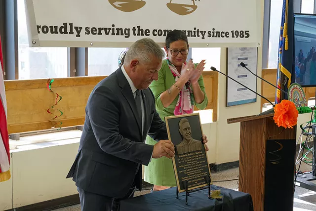 Photo: Chief Administrative Judge Joseph A. Zayas and Appellate Division, First Department Associate Justice Llinét Rosado unveil the commemorative plaque bearing the likeness of the late Judge Ruben Martino, a beloved jurist and mentor to many 