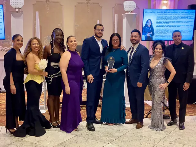 Photo (L-R): LCOS honoree Captain Jessica Herrera, Major Erica Prosper, Sgt. Sharifa John-Vega, Senior Court Analyst Lissette Morales, Court Officer Elias Rosado, LCOS honoree Appellate Division, First Department Associate Justice Llinét Rosado, Court Officer Kevin Duque, Captain Jessica Hernandez, and Sgt. Carmelo Correra at the Bronx gathering highlighting the many contributions of the court system’s Latino judges and nonjudicial employees 