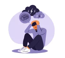 Graphic person sitting under stormy clouds