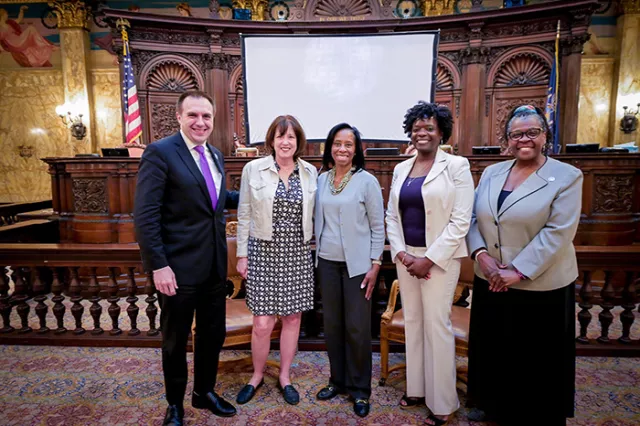 Appellate Division, First Department court attorney Alan R. Gray, film director Betsy West, Appellate Division, First Department Presiding Justice Dianne T. Renwick, Appellate Division, First Department Associate Justice Bahaati E. Pitt-Burke, and Deputy Chief Administrative Judge for Justice Initiatives Edwina G. Richardson at the Manhattan court’s viewing of the documentary “My Name is Pauli Murray”