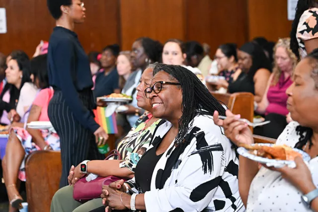 Deputy Chief Administrative Judge for Justice Initiatives Edwina G. Richardson (seated, center) was among the many attendees at the uplifting tribute to LGBTQ+ icons at the New York County Supreme-Criminal Courthouse in Manhattan 