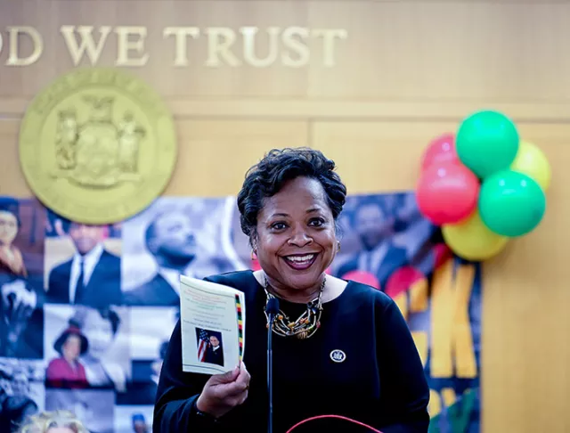 Photo: New York City Family Court Administrative Judge Anne-Marie Jolly at the Black History Month event at Queens Family Court, where she was among the presenters