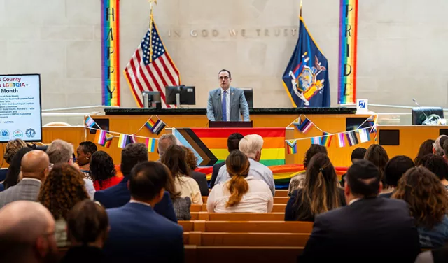 Deputy Chief Administrative Judge for New York City Courts Adam Silvera underscored the court system’s commitment to equity and inclusion during his remarks at the mid-June Pride event 