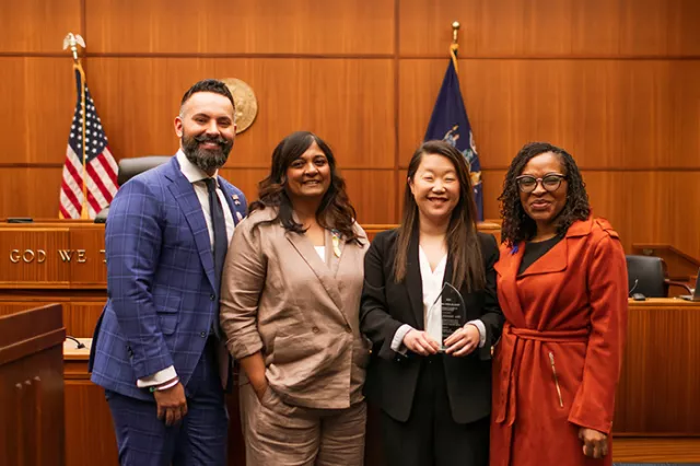 Brighton Town Justice Vikram S. Vikhu, Wayne County Family Court Support Magistrate Sonali R. Suvvaru, honoree U.S. District Judge Meredith A. Vacca, and Monroe County Family Court Judge Fatimat Reid at the Rochester event 