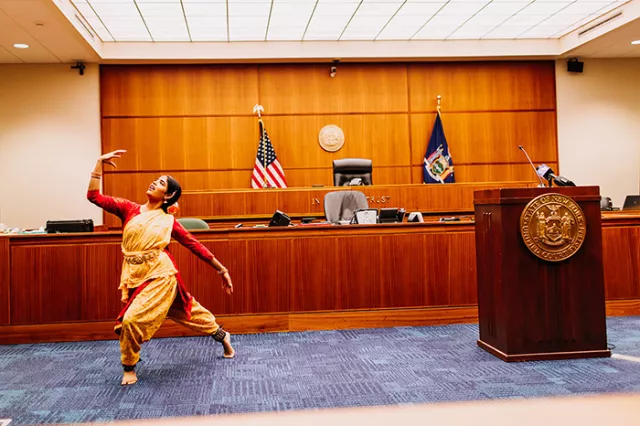 A Bharata School of Indian Dance performer entertains attendees at the Seventh Judicial District’s May 20th AANHPI celebration 