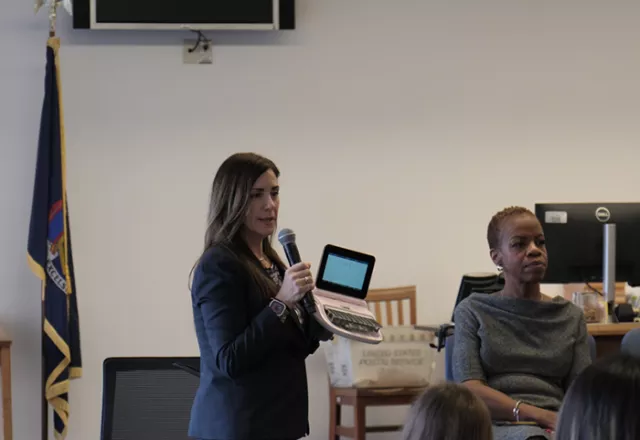 Photo: Senior Court Reporter Darlene Devlin sheds light on her courtroom duties and the vital role of court reporters in the delivery of justice at the Suffolk County gathering in March. Acting Supreme Court Justice and Supervising Judge of Matrimonial Parts Cheryl Joseph (seated right) shared insights on her path to the bench and the value of public service during the panel discussion. 