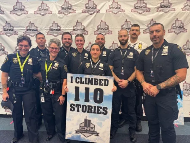Photo (L-R): Court Officer Trainee Jolyn Dingman, Court Officer Justin Grower, Court Officer Trainee Rebecca Dingman, Court Officers Michael Heller and Stephanie Evaniak, Court Officer Trainee Brittney Gallupo, Court Officers Jeffrey Tarbania and Jake Slachiak, Sgt. Joshua Hardesty, and Court Officer Michael Delong at the 9/11 Memorial Stair Climb in Utica, New York 