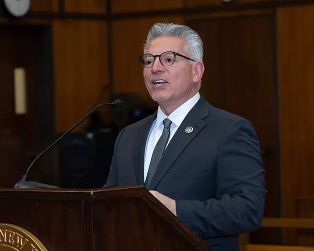 Chief Administrative Judge Joseph A. Zayas at the Nassau County Supreme Court’s Hon. Betty Weinberg Ellerin Award ceremony in mid-March 