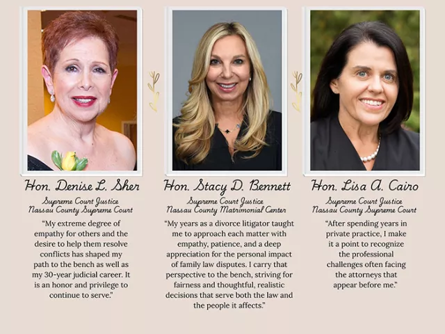 Photo: Panels from the Mineola courthouse exhibit paying tribute to women members of the Nassau County bench. The inspirational display will remain on view in the courthouse lobby throughout March. 