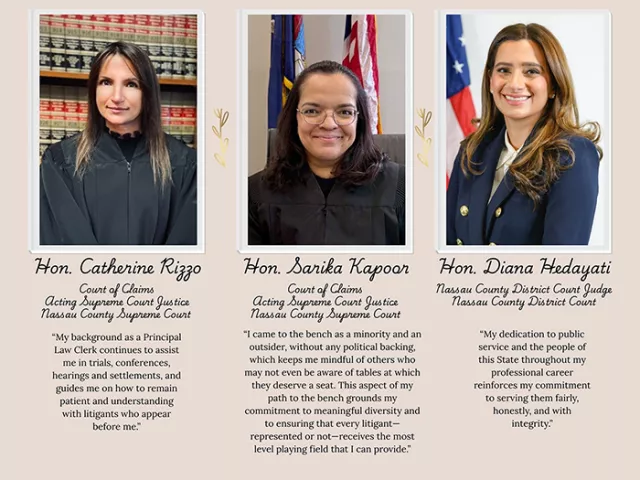Photo: Panels from the Mineola courthouse exhibit paying tribute to women members of the Nassau County bench. The inspirational display will remain on view in the courthouse lobby throughout March. 