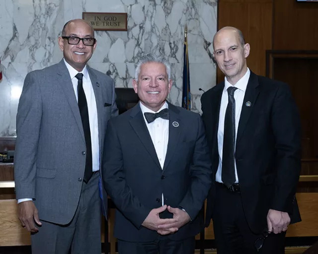 First Deputy Chief Administrative Judge Norman St. George, Chief Administrative Judge Joseph A. Zayas, and Administrative Judge Vito M. DeStefano of the Nassau County Courts were among the speakers at the tribute to Nassau County District Court Judge Veronica Renta Irwin. 
