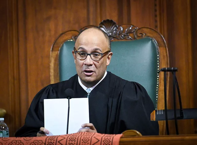 Presiding Justice LaSalle addresses the attendees at the mid-February awards ceremony