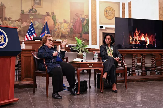 Retired Appellate Division, First Department Associate Justice Angela Mazzarelli and the Department’s Presiding Justice, Hon. Dianne T. Renwick, at the March 25th “Women in Robes” program in Lower Manhattan 