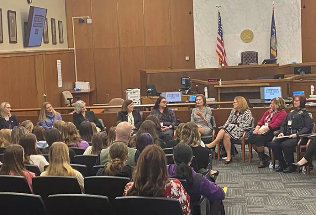 Court of Claims Judge Kathleen Hogan (fourth from left) was among the distinguished panelists at the Fourth Judicial District’s Women in the Law program in Warren County 